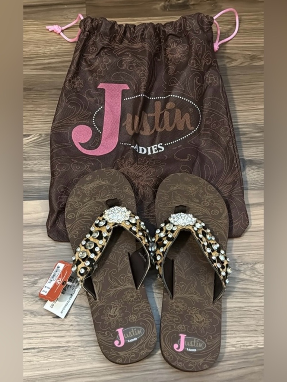 Justin Boots Hannah Brown Leopard Rhinestone Bling Sandals with Dustbag 8 NWT